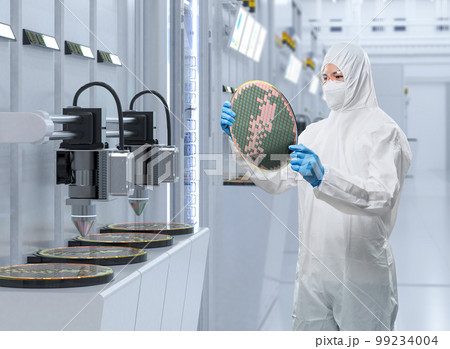 Worker or engineer wears medical protective suit or coverall suit with silicon wafer Worker or engineer wears medical protective suit or coverall suit with silicon wafer 99234004