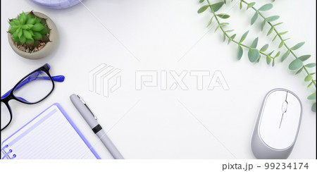 Office Supplies Over Desk With Keyboard And Glasses And Coffee Cup For Working Remotely, Assorted School Utilities For Studying With Hot Drink And Eyeglasses. 99234174