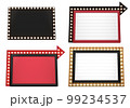 Set of 3d retro black, red and gold signboard with glowing yellow light bulb . Concept of billboard design for cinema, casino, marquee or nightclub . 3d high quality render 99234537