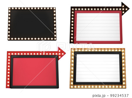 Set of 3d retro black, red and gold signboard with glowing yellow light bulb . Concept of billboard design for cinema, casino, marquee or nightclub . 3d high quality render Set of 3d retro black, red and gold signboard with glowing yellow light bulb . Concept of billboard design for cinema, casino, marquee or nightclub . 3d high quality render 99234537