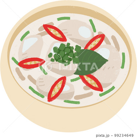 タイ料理「鶏肉のココナツミルク煮」のイラスト(斜め) タイ料理「鶏肉のココナツミルク煮」のイラスト(斜め) 99234649