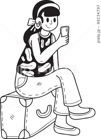 Hand Drawn Female tourist with suitcase and smartphone illustration in doodle style 99234797