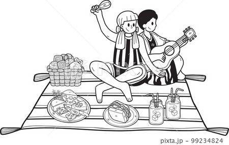 Hand Drawn Couple sitting on a picnic in the park illustration in doodle style 99234824