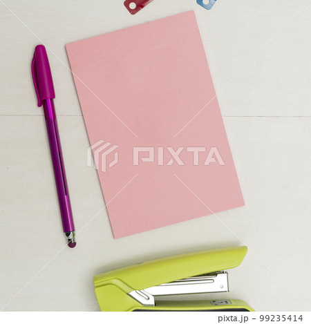 Image with school supplies, colored stickers, notebooks. Pens, pencils, rullers, calculator, keyboard. Assortment office items. Important information written on paper. Image with school supplies, colored stickers, notebooks. Pens, pencils, rullers, calculator, keyboard. Assortment office items. Important information written on paper. 99235414