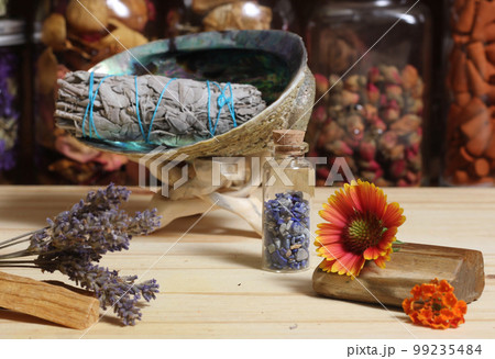 Dried Lavender With Palo Santo Wood and Abalone Shell For Smudging Ritual Dried Lavender With Palo Santo Wood and Abalone Shell For Smudging Ritual 99235484