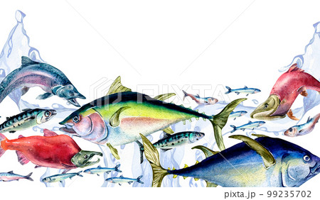 Seamless banner of fish swimming and sea wave watercolor illustration isolated on white. Seamless banner of fish swimming and sea wave watercolor illustration isolated on white. 99235702