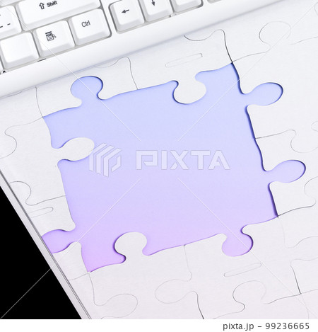 Colored Paper Puzzles Lying On Table. Important Text Written Over Paper. Office Stationery Around School Accessories, Pens, Pensils, Computer Keyboard. 99236665