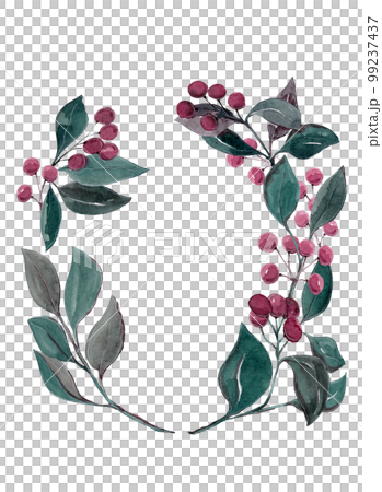 Red berries on a plucked branch with green leaves. Isolated illustration. Wreath of ripe berries in watercolor for your design 99237437