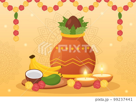 Happy Tamil New Year Illustration with Vishu Flowers, Pots and Indian Hindu Festival in Flat Cartoon Hand Drawn for Landing Page Templates 99237441