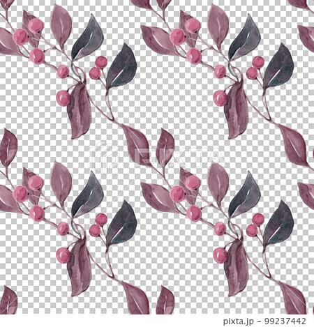 Red berries on a plucked branch with autumn leaves. Watercolor seamless pattern of isolated illustrations of overripe berries for your design Red berries on a plucked branch with autumn leaves. Watercolor seamless pattern of isolated illustrations of overripe berries for your design 99237442