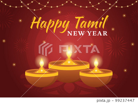 Happy Tamil New Year Illustration with Vishu Flowers, Pots and Indian Hindu Festival in Flat Cartoon Hand Drawn for Landing Page Templates 99237447