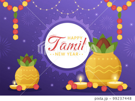Happy Tamil New Year Illustration with Vishu Flowers, Pots and Indian Hindu Festival in Flat Cartoon Hand Drawn for Landing Page Templates 99237448