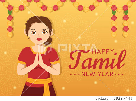 Happy Tamil New Year Illustration with Vishu Flowers, Pots and Indian Hindu Festival in Flat Cartoon Hand Drawn for Landing Page Templates 99237449