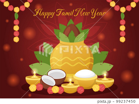 Happy Tamil New Year Illustration with Vishu Flowers, Pots and Indian Hindu Festival in Flat Cartoon Hand Drawn for Landing Page Templates 99237450