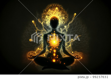 Woman sits in lotus pose, person practices yoga and meditation radiating energy, generative AI Woman sits in lotus pose, person practices yoga and meditation radiating energy, generative AI 99237631