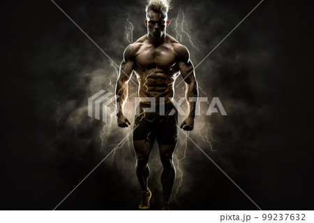 Strong man in lightning flashes, athlete silhouette with inner energy, generative AI. 99237632