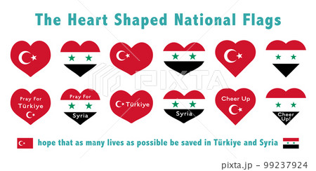 地震支援　トルコとシリアのハート型国旗と応援メッセージセット