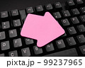 Colored sticker lying on black keyboard. Important information written over paper. Image with school supplies. Multiple Assorted Collection Office Stationery. 99237965