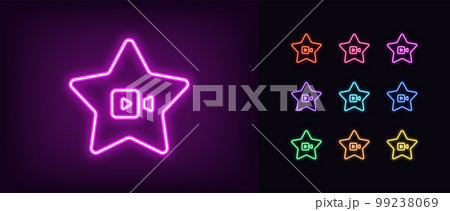 Outline neon superstar video icon set. Glowing neon star frame with camera play sign, top cinema celebrity. Cinema award, best video content, top rank movie star, superstar live show. Outline neon superstar video icon set. Glowing neon star frame with camera play sign, top cinema celebrity. Cinema award, best video content, top rank movie star, superstar live show. 99238069