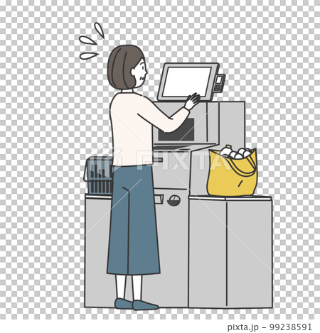 A woman who is in trouble because she does not know how to use the self-checkout at the supermarket A woman who is in trouble because she does not know how to use the self-checkout at the supermarket 99238591