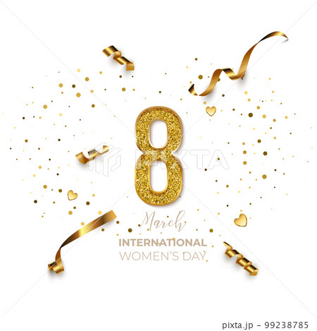 8 March International Woman's Day vector template. Festive postcard, greeting card design with gold number eight, ribbons and confetti, holiday congratulations on white background 99238785
