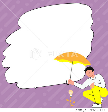 Yung man holding umbrella sitting and looking at rose. Save the flower from rain. Blank white space for text on colored background. Brand new information. Main message. Yung man holding umbrella sitting and looking at rose. Save the flower from rain. Blank white space for text on colored background. Brand new information. Main message. 99239133