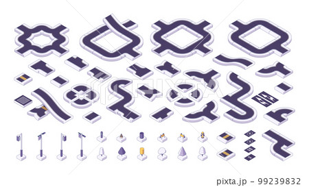 Isometric road elements. City highway constructor segments and road direction warning signs, transport route paths pavement, urban map kit. Vector set Isometric road elements. City highway constructor segments and road direction warning signs, transport route paths pavement, urban map kit. Vector set 99239832
