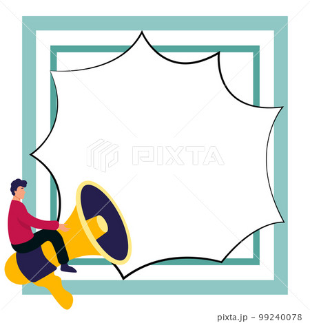 Man sitting on megaphone. Big empty dialog bubble for brand new information. White blank space for text. Presented Critical Updates. Bright colored background. 99240078