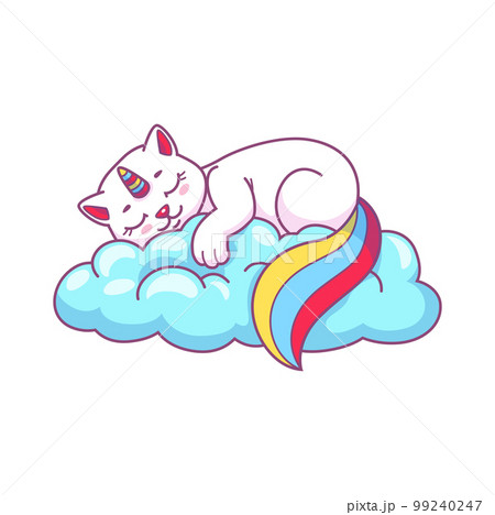 Cute funny cartoon caticorn sleeping on cloud. Kawaii creature, fairy caticorn or magic kitten funny vector personage. Magical unicorn cat character with horn and rainbow tail 99240247