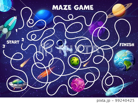 Space labyrinth maze find astronaut, rocket and Earth planet. Kids vector board game worksheet with starship searching correct way on tangled path in alien galaxy. Cartoon educational adventure quiz 99240425