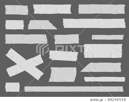 White adhesive or duct tape crumpled stripes. Realistic 3d vector scotch patches, sticky paper strips. Isolated plaster masking pieces with torn edges, ripped wrinkled band for package wrap 99240559
