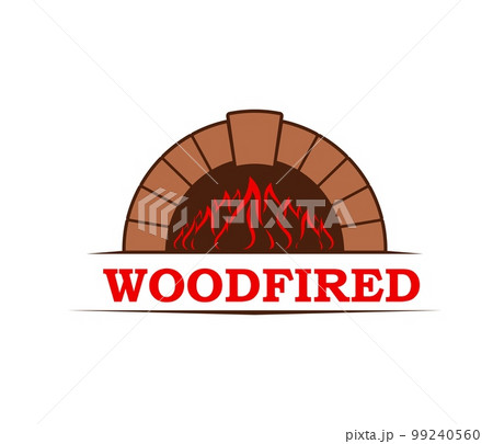 Fireplace, firewood chimney and hearth vector icon. Emblem with fire place, burning flame inside and woodfired typography. Heating home equipment, restaurant, pizza house or bakery isolated label 99240560