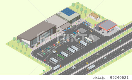 アイソメトリック図法で描いた日本の高速道路のサービスエリアイメージ（緑地） 99240621