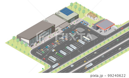 アイソメトリック図法で描いた高速道路のサービスエリアのイメージ（無地） 99240622