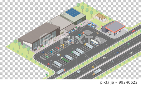 アイソメトリック図法で描いた高速道路のサービスエリアのイメージ（無地） 99240622