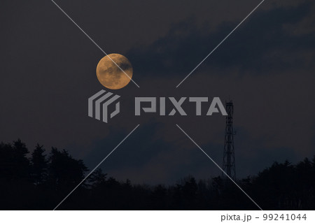 北杜市白州町、夕暮れの空に昇った月齢14.3の小望月 99241044