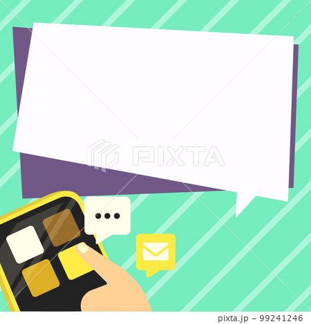Mobile phone with information on the screen. Bright color illustration with important information. Big white speech bubble for text. Agenda. Critical Updates Displayed. 99241246