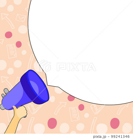 Megaphone In Hand Voice Device With Speech Bubble Presenting Important Brand New Messages. Bullhorn Drawing With Dialog Balloon Showing Announcement. 99241346