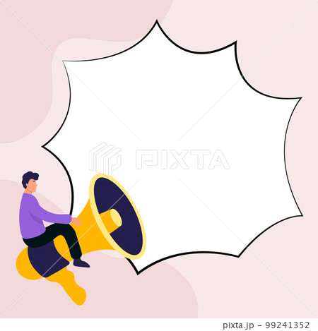 Man sitting on megaphone. Big empty dialog bubble for brand new information. White blank space for text. Presented Critical Updates. Bright colored background. Man sitting on megaphone. Big empty dialog bubble for brand new information. White blank space for text. Presented Critical Updates. Bright colored background. 99241352