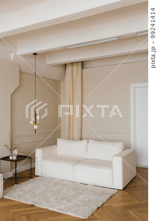A living room with a white fabric sofa and a coffee table. Minimalist Scandinavian interior design with lamp and carpet 99241414
