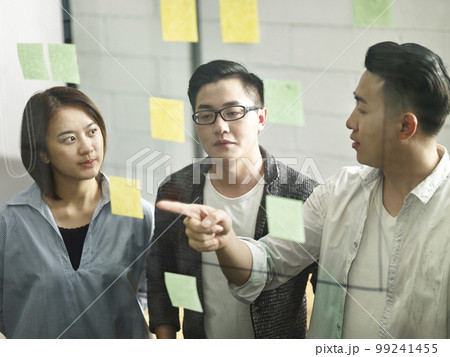 three young asian entrepreneurs meeting in office discussing business 99241455