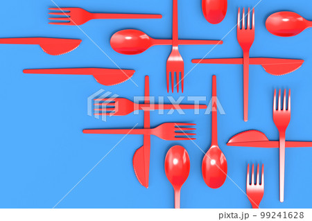 Set of disposable utensils like spoon, fork and knife on blue background. 99241628