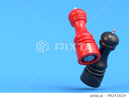 Set of salt or pepper wooden mill filled with peppercorns on blue background. Set of salt or pepper wooden mill filled with peppercorns on blue background. 99241629