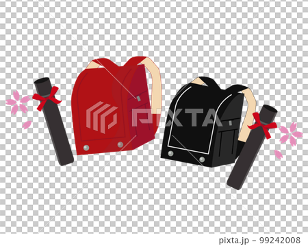 小学校の卒業式とランドセル。小学生、卒業証書、桜。ベクターイラスト 99242008