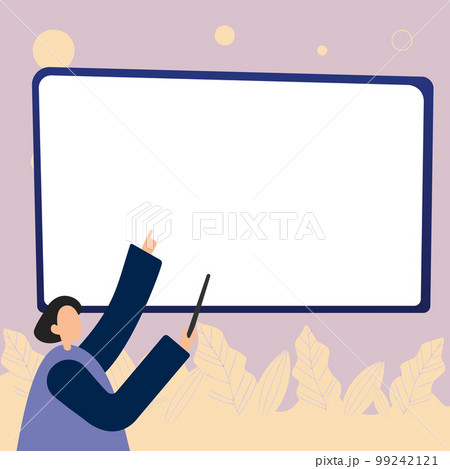 Woman pointing with pointer stick to important information written on whiteboard. Large Conversation Balloon with New Ideas. Blank speech bubble contains Recent Updates. 99242121