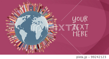 Hands and raised arms of many multicultural women around the earth. Women s day. Racial equality. Female social community of diverse culture. Empowerment or inclusion. Banner copy space 99242123