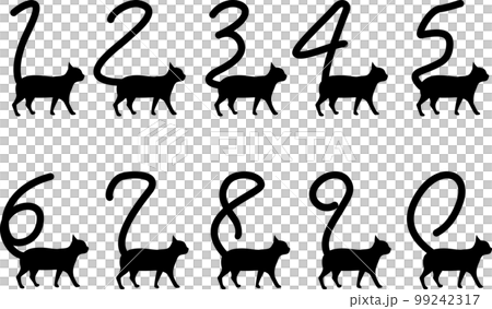 しっぽが数字になっている猫のシルエットセット しっぽが数字になっている猫のシルエットセット 99242317