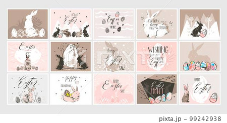 Hand drawn vector abstract graphic scandinavian collage Happy Easter cute illustrations greeting cards template collection set and Happy Easter handwritten calligraphy isolated on white background Hand drawn vector abstract graphic scandinavian collage Happy Easter cute illustrations greeting cards template collection set and Happy Easter handwritten calligraphy isolated on white background 99242938
