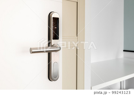 Open front door with electronic mortise lock...の写真素材