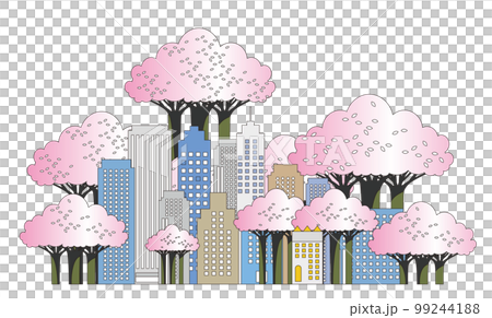 Beautiful city and life scenery in spring with blooming cherry blossoms 99244188